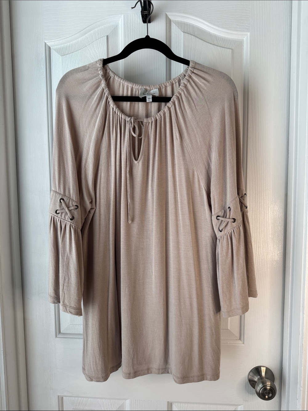 Haute Hippie Taupe Tie-Neck Bell Sleeve Tunic